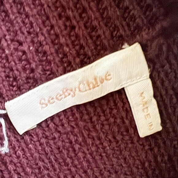 SEE BY CHLOE Burgundy Ruffle Neck Shoulder Button Wool Ribbed Sweater Sz L - Picture 6 of 7